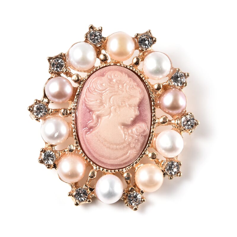 White Swarovski Crystal, Multi Color Fresh Water Pearl and Cameo Chroma Brooch in Goldtone