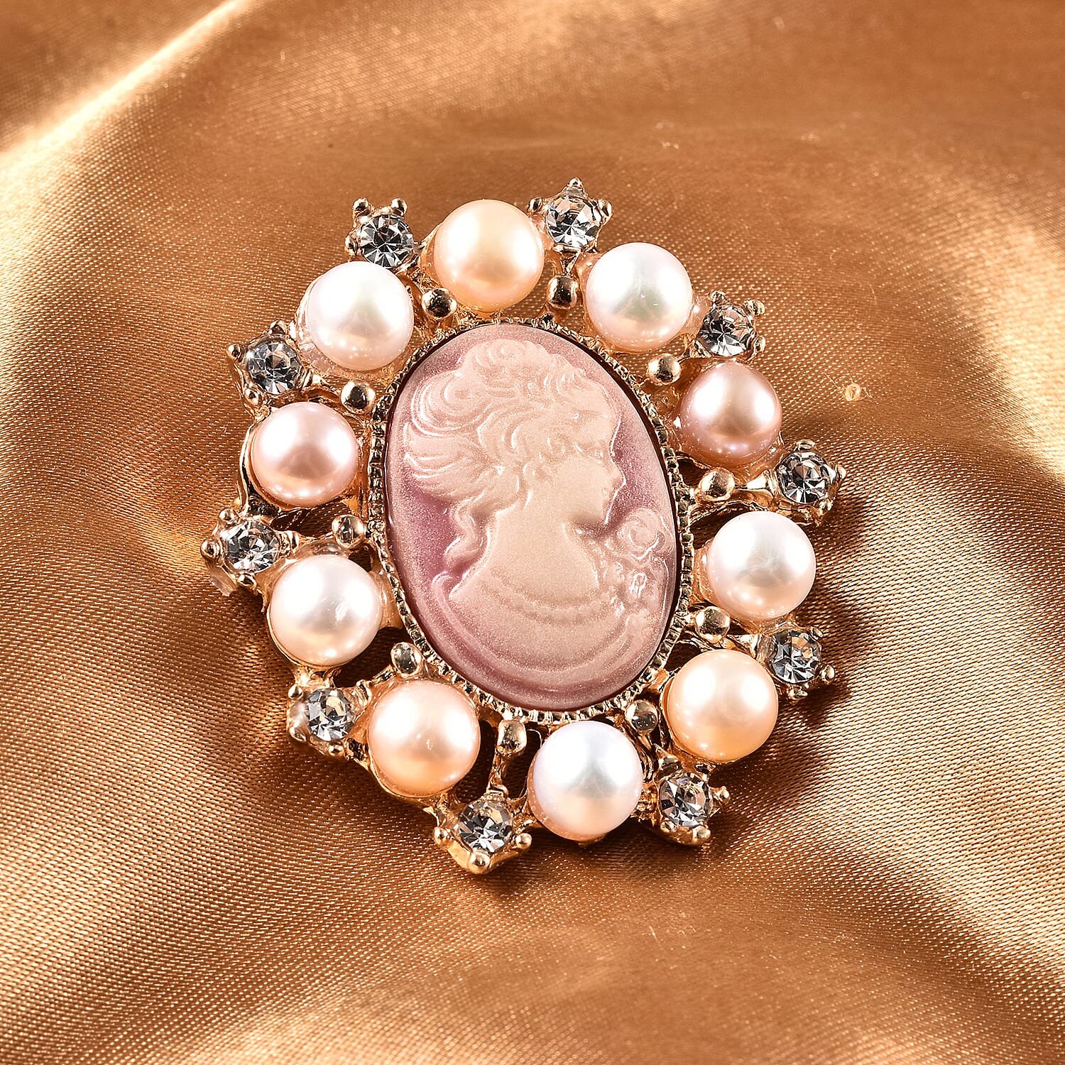 White Swarovski Crystal, Multi Color Fresh Water Pearl and Cameo Chroma Brooch in Goldtone