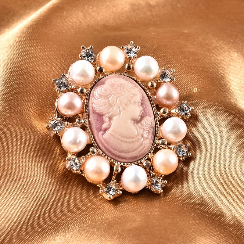 White Swarovski Crystal, Multi Color Fresh Water Pearl and Cameo Chroma Brooch in Goldtone