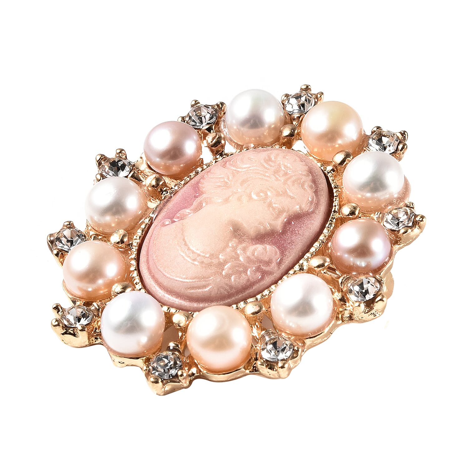 White Swarovski Crystal, Multi Color Fresh Water Pearl and Cameo Chroma Brooch in Goldtone