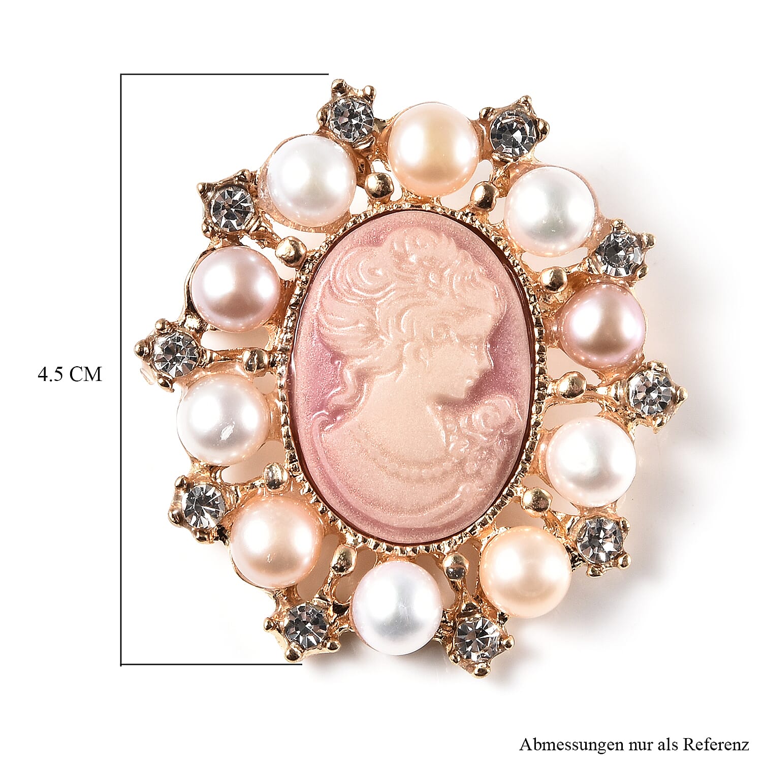 White Swarovski Crystal, Multi Color Fresh Water Pearl and Cameo Chroma Brooch in Goldtone