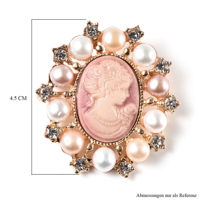 White Swarovski Crystal, Multi Color Fresh Water Pearl and Cameo Chroma Brooch in Goldtone