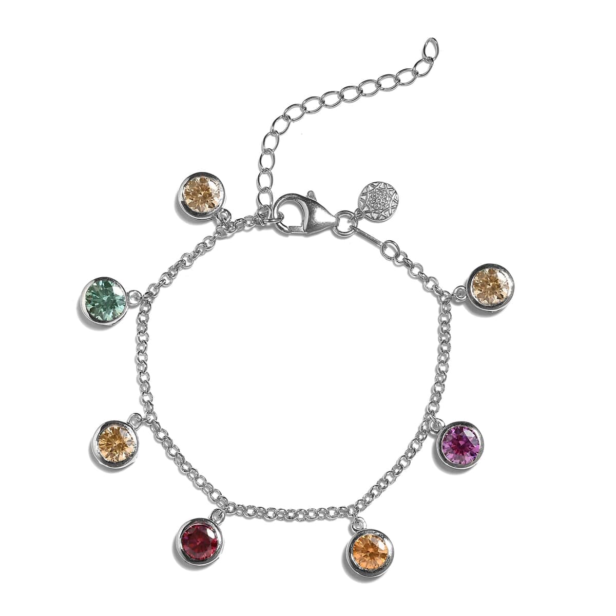 Lustro Stella Made with Finest Multi Color CZ Charm Bracelet in Platinum Over Sterling Silver (6.50 In) 12.85 ctw image number 0