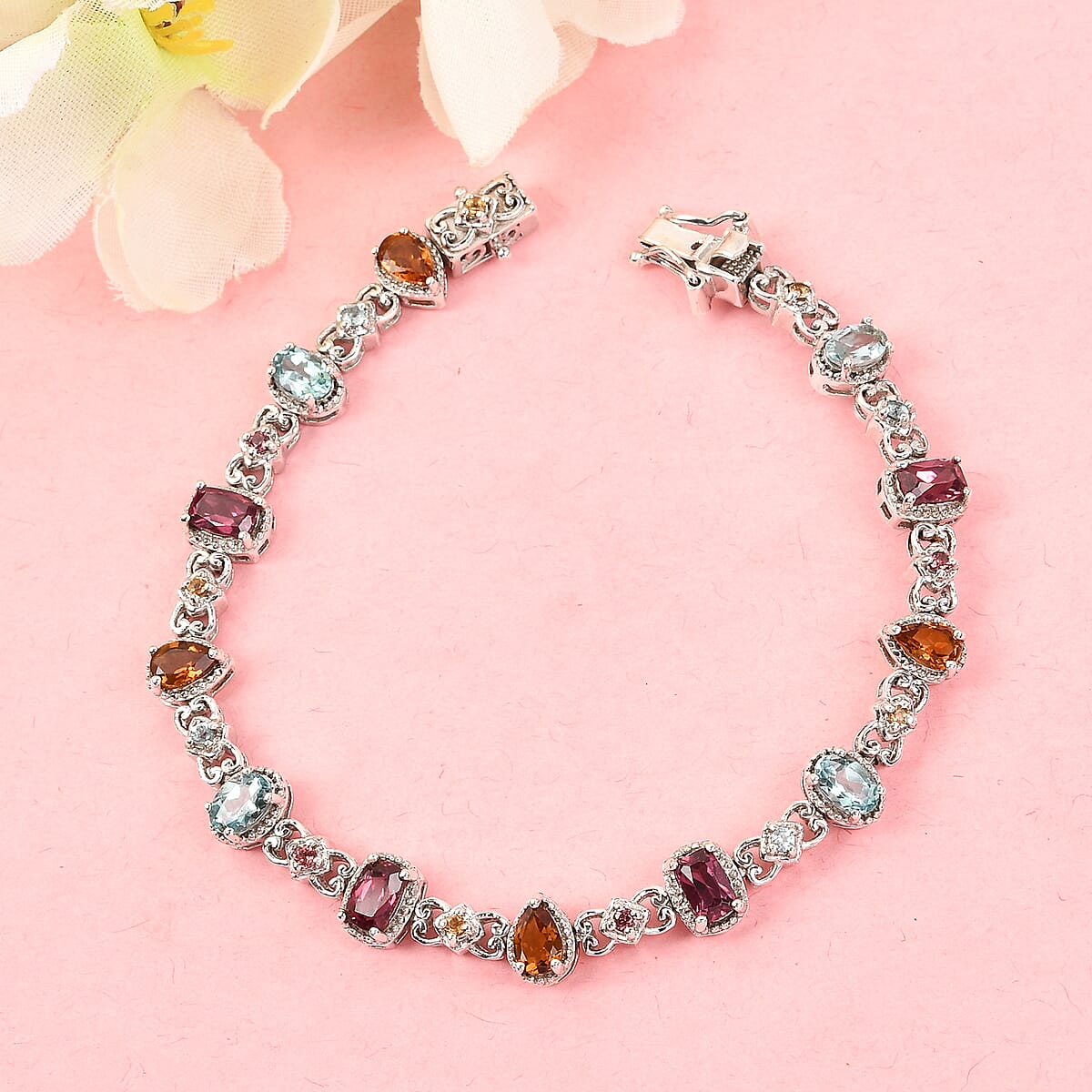 Multi Gemstone Station Bracelet in Platinum Over Sterling Silver (7.25 In) (13 g) 7.00 ctw image number 1