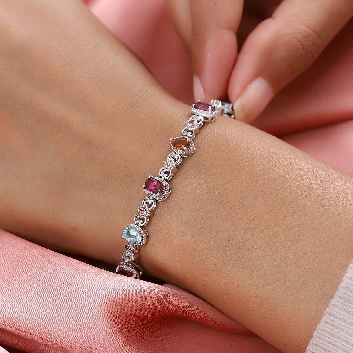 Multi Gemstone Station Bracelet in Platinum Over Sterling Silver (7.25 In) (13 g) 7.00 ctw image number 2