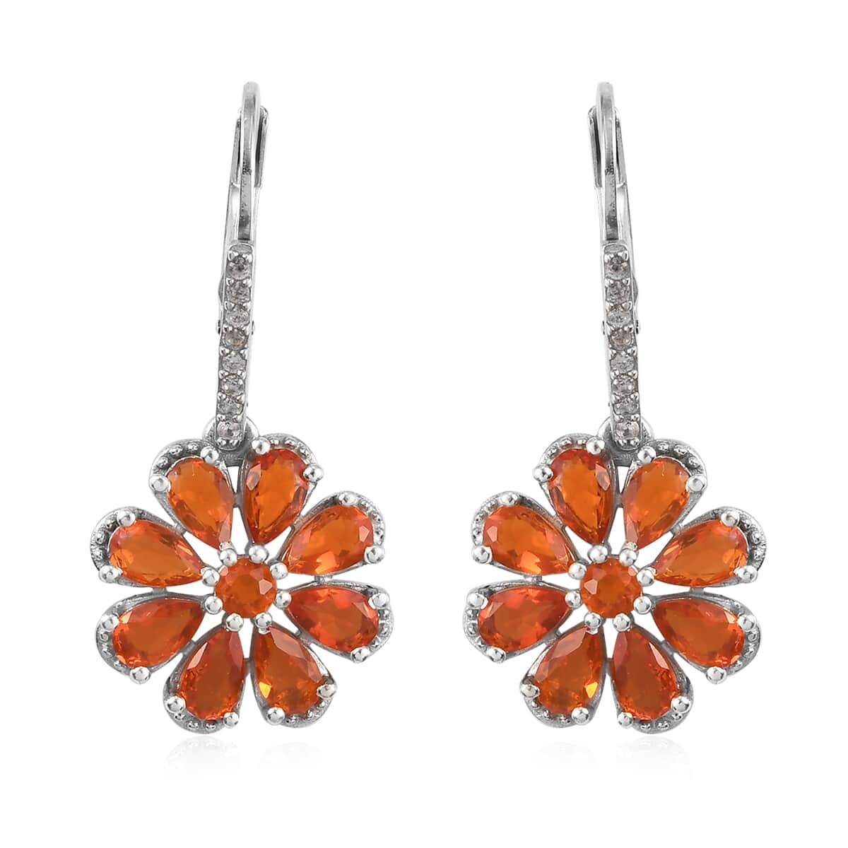Crimson Fire Opal and Natural White Zircon Flower Earrings in Platinum Over Sterling Silver 2.70 ctw image number 0