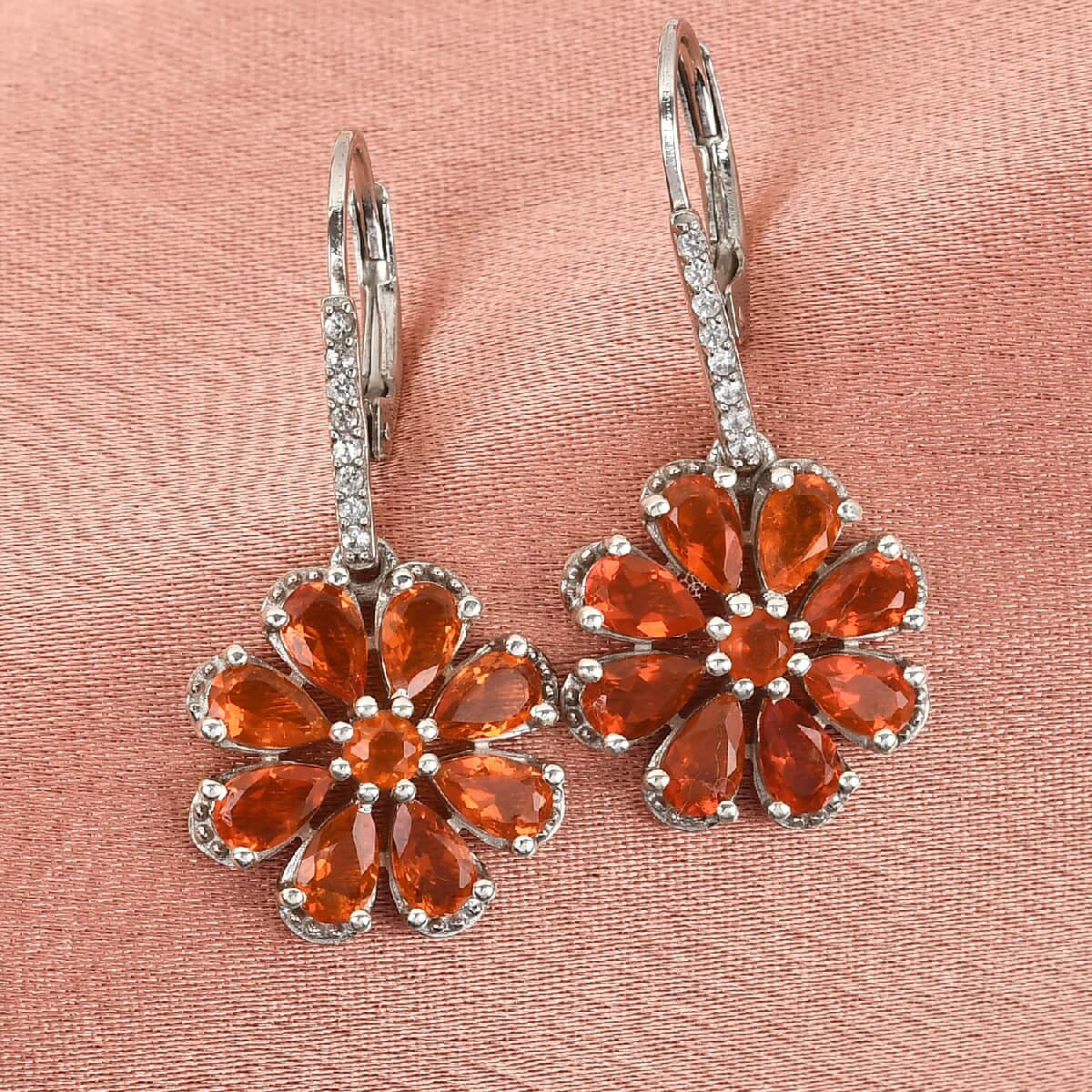 Crimson Fire Opal and Natural White Zircon Flower Earrings in Platinum Over Sterling Silver 2.70 ctw image number 1