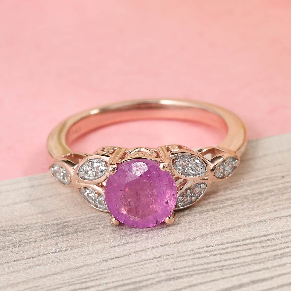 Ilakaka Hot Pink Sapphire and Zircon Ring in Vermeil Rose Gold Over Sterling Silver (Size 6.0) 2.20 ctw image number 1