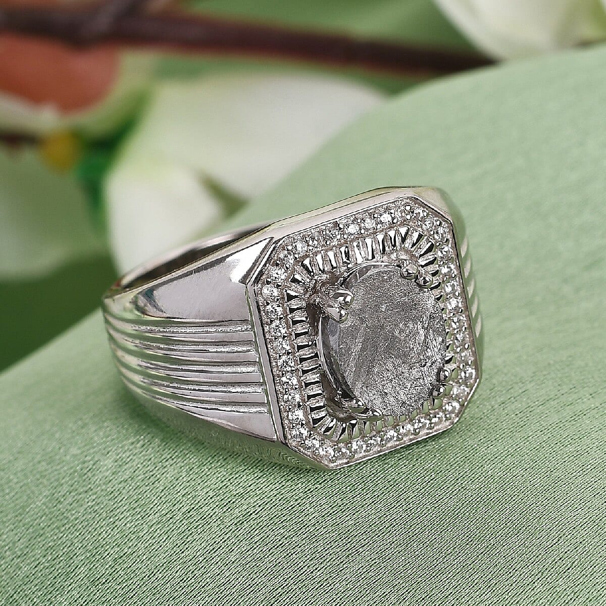 Marvelous Meteorite and Zircon Men's Ring in Platinum Over Sterling Silver (Size 11.0) 0.30 ctw