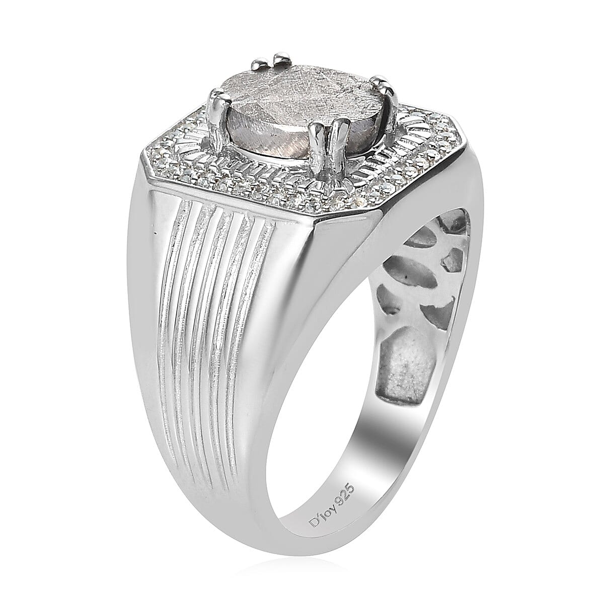 Marvelous Meteorite and Zircon Men's Ring in Platinum Over Sterling Silver (Size 11.0) 0.30 ctw