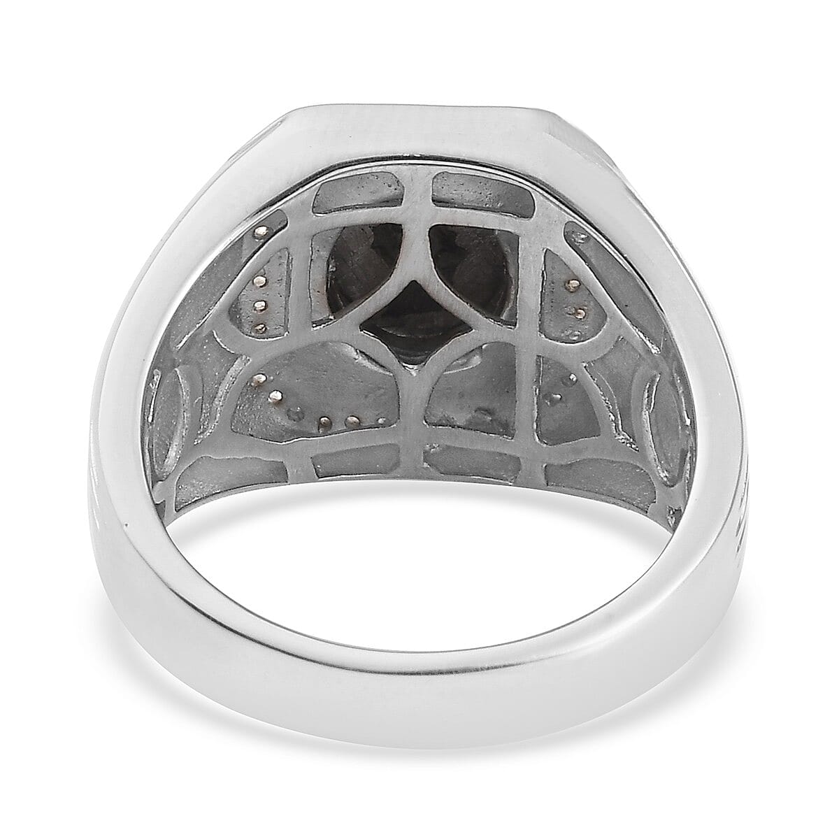 Marvelous Meteorite and Zircon Men's Ring in Platinum Over Sterling Silver (Size 11.0) 0.30 ctw