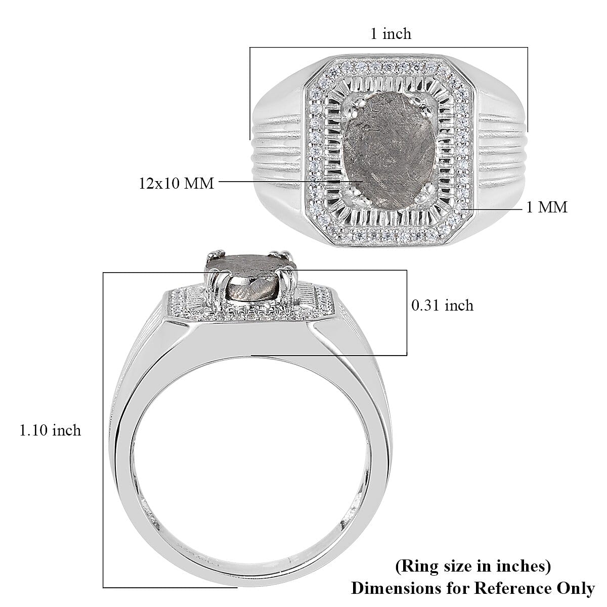 Marvelous Meteorite and Zircon Men's Ring in Platinum Over Sterling Silver (Size 11.0) 0.30 ctw