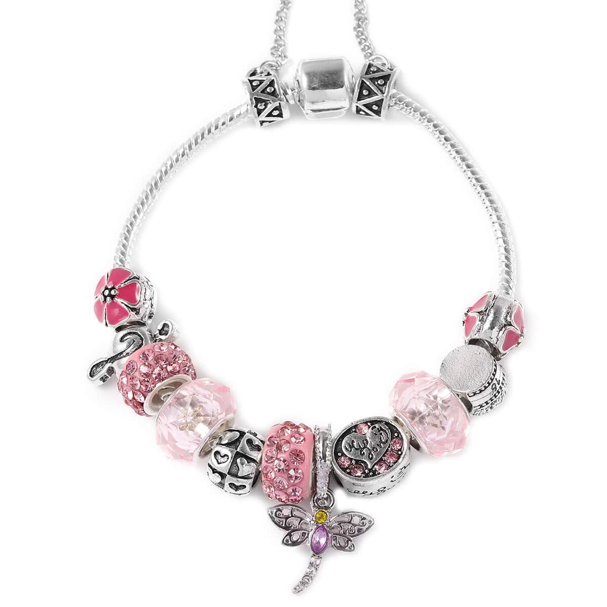 Pink Glass Beads, Pink Austrian Crystal, Enameled Multi Dragonfly Charm Bracelet in Silvertone (6.50 In) image number 0
