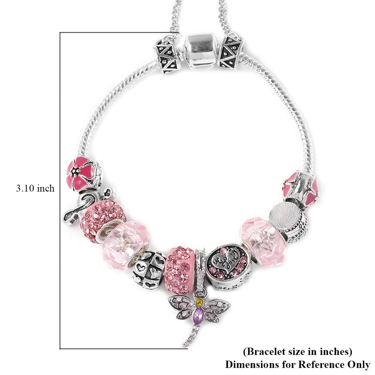 Pink Glass Beads, Pink Austrian Crystal, Enameled Multi Dragonfly Charm Bracelet in Silvertone (6.50 In) image number 3