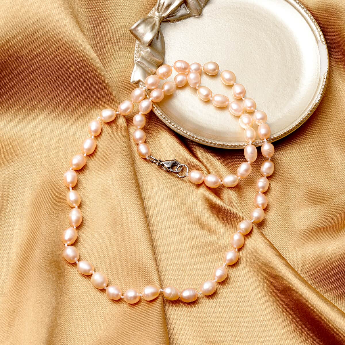Peach Freshwater Cultured Pearl Necklace in Stainless Steel (20 Inches) image number 1