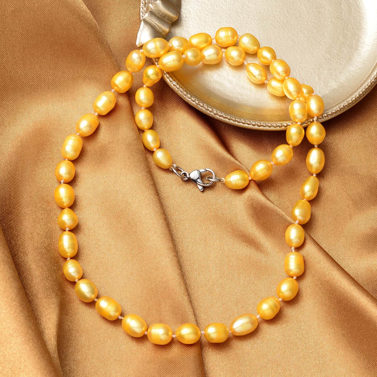 Golden Freshwater Cultured Pearl Necklace in Stainless Steel (20 Inches) image number 1