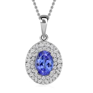Tanzanite and Diamond Cocktail Pendant Necklace 20 Inches in Platinum Over Sterling Silver 1.70 ctw