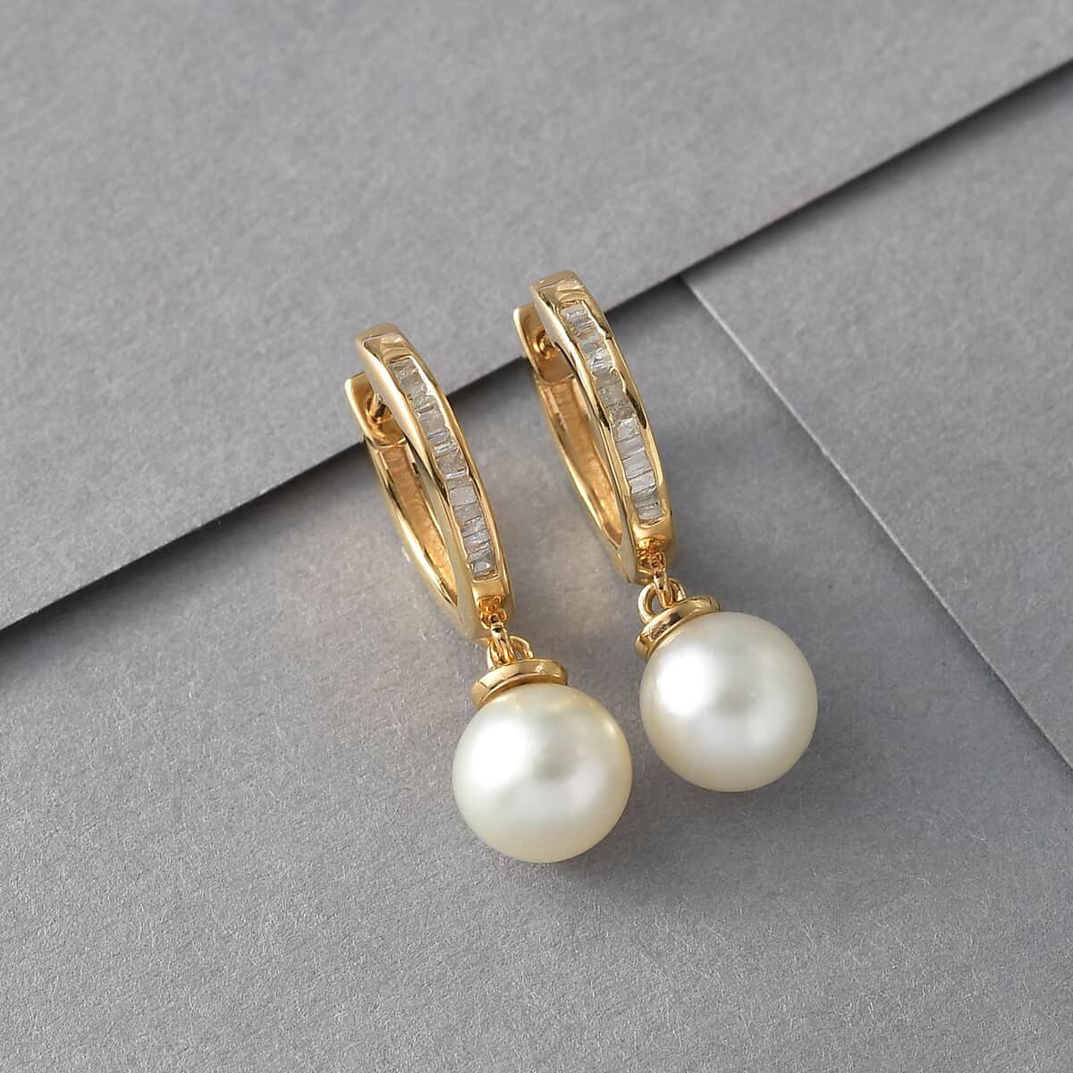 South Sea Pearl and Diamond Dangling Earrings in Vermeil Yellow Gold Over Sterling Silver 0.20 ctw image number 1