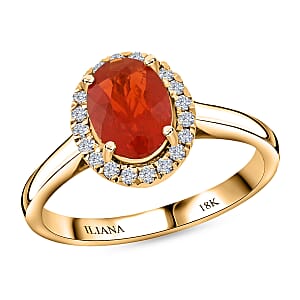 Iliana 18K Yellow Gold AAA Crimson Fire Opal and G-H SI Diamond Halo Ring (Size 7.0) 1.00 ctw