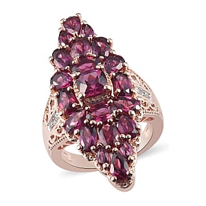 Tanzanian Wine Garnet and Natural White Zircon Elongated Ring in Vermeil Rose Gold Over Sterling Silver (Size 5.0) 8.20 Grams 5.60 ctw