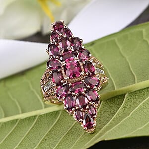 Tanzanian Wine Garnet and Natural White Zircon Elongated Ring in Vermeil Rose Gold Over Sterling Silver (Size 5.0) 8.20 Grams 5.60 ctw