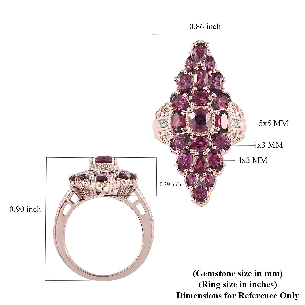 Tanzanian Wine Garnet and Natural White Zircon Elongated Ring in Vermeil Rose Gold Over Sterling Silver (Size 5.0) 8.20 Grams 5.60 ctw image number 5