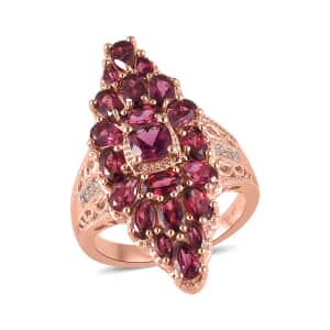 Natural Tanzanian Wine Garnet and Natural White Zircon Elongated Ring in Vermeil Rose Gold Over Sterling Silver (Size 6.0) 5.60 ctw