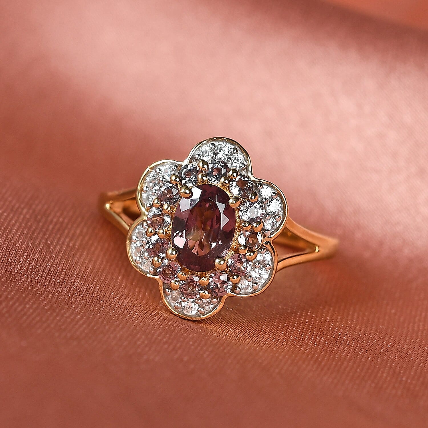 Merelani Color Change Garnet and Zircon Cluster Ring in Vermeil Yellow Gold Over Sterling Silver (Size 6.0) 1.65 ctw