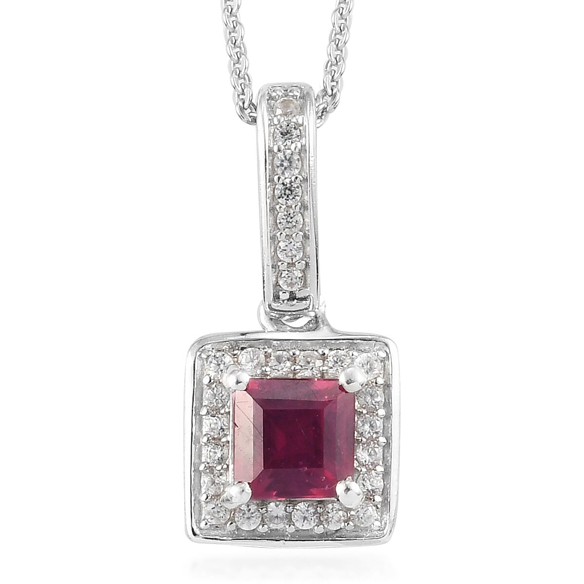 Niassa Ruby and Zircon Pendant Necklace 20 Inches in Platinum Over Sterling Silver 1.00 ctw