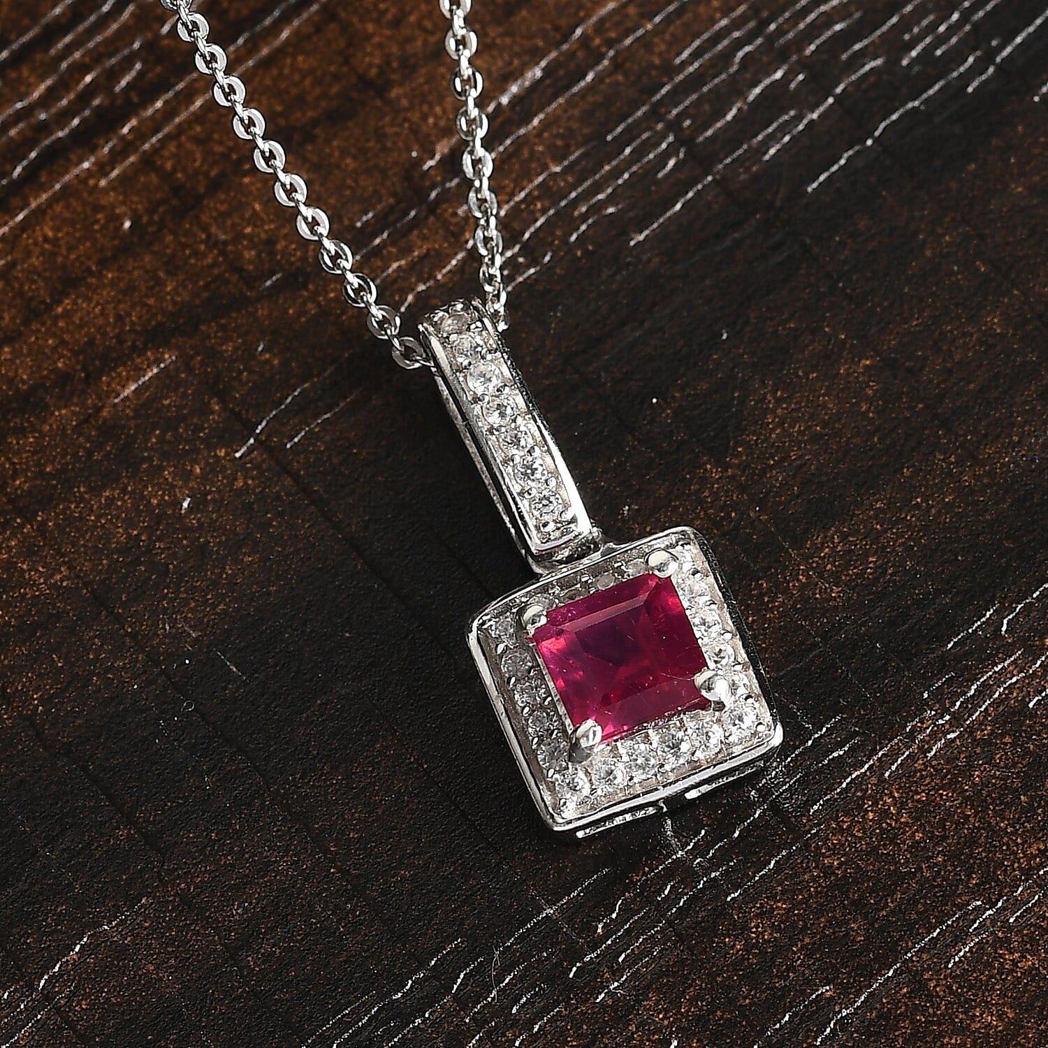 Niassa Ruby and Zircon Pendant Necklace 20 Inches in Platinum Over Sterling Silver 1.00 ctw