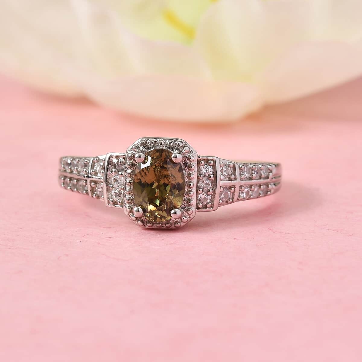 Demantoid Garnet and Zircon Ring in Platinum Over Sterling Silver (Size 6.0) 1.00 ctw image number 1