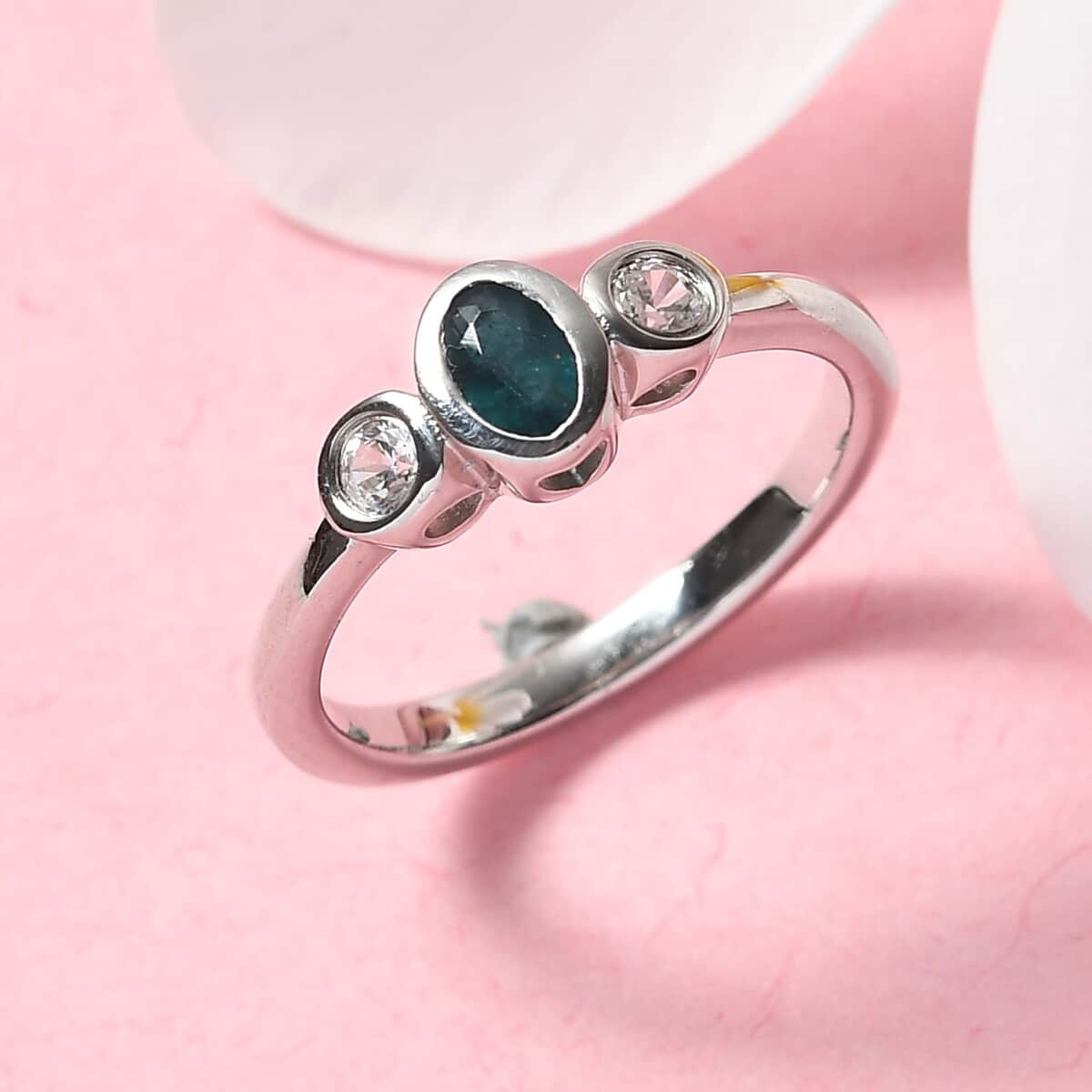 Teal Grandidierite and Zircon Ring in Platinum Over Sterling Silver (Size 7.0) 0.40 ctw image number 1