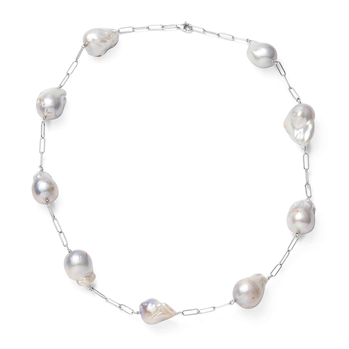 AAA Organic Shape Baroque Pearl Station Necklace 22 Inches in Rhodium Over Sterling Silver 8 Grams image number 0