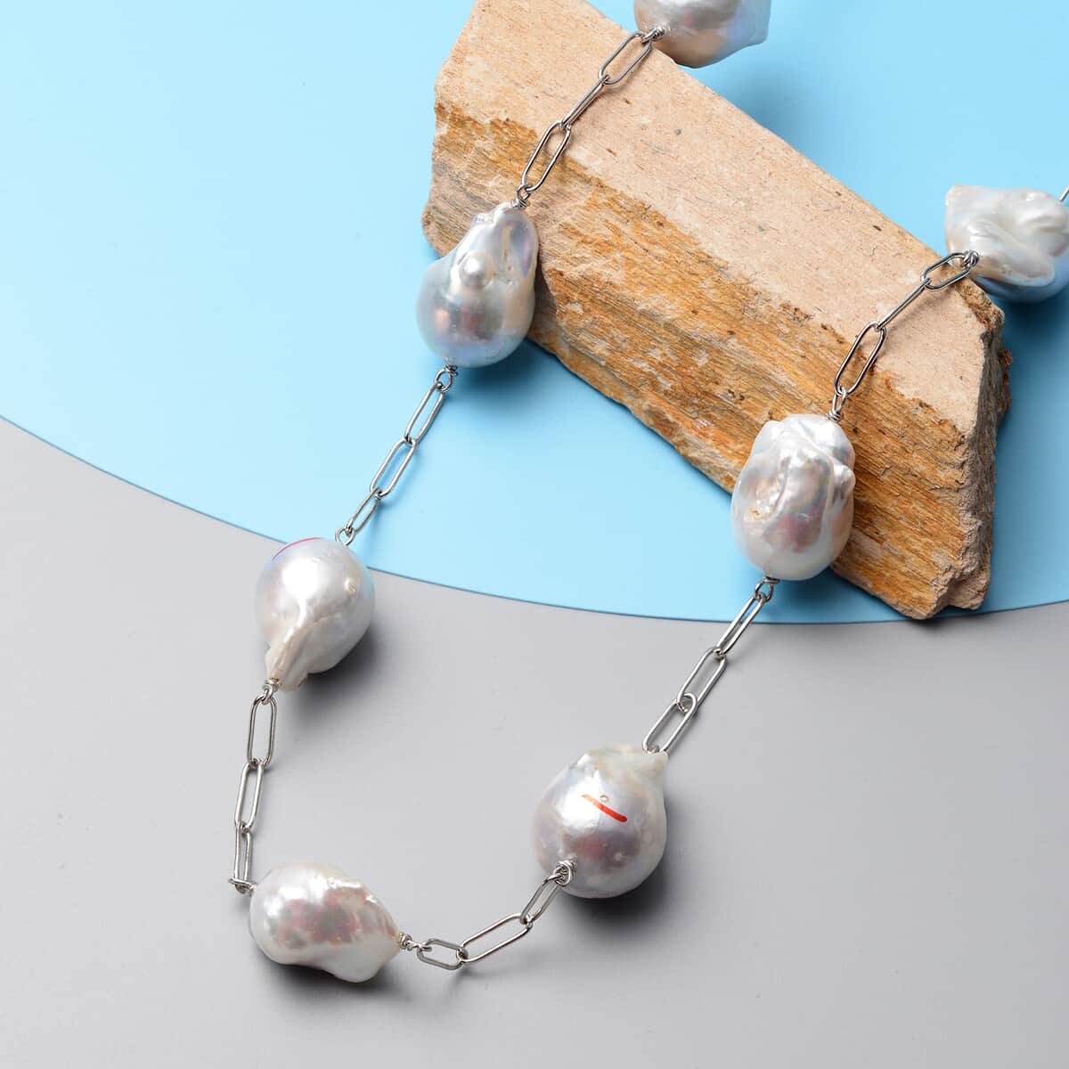 AAA Organic Shape Baroque Pearl Station Necklace 22 Inches in Rhodium Over Sterling Silver 8 Grams image number 1