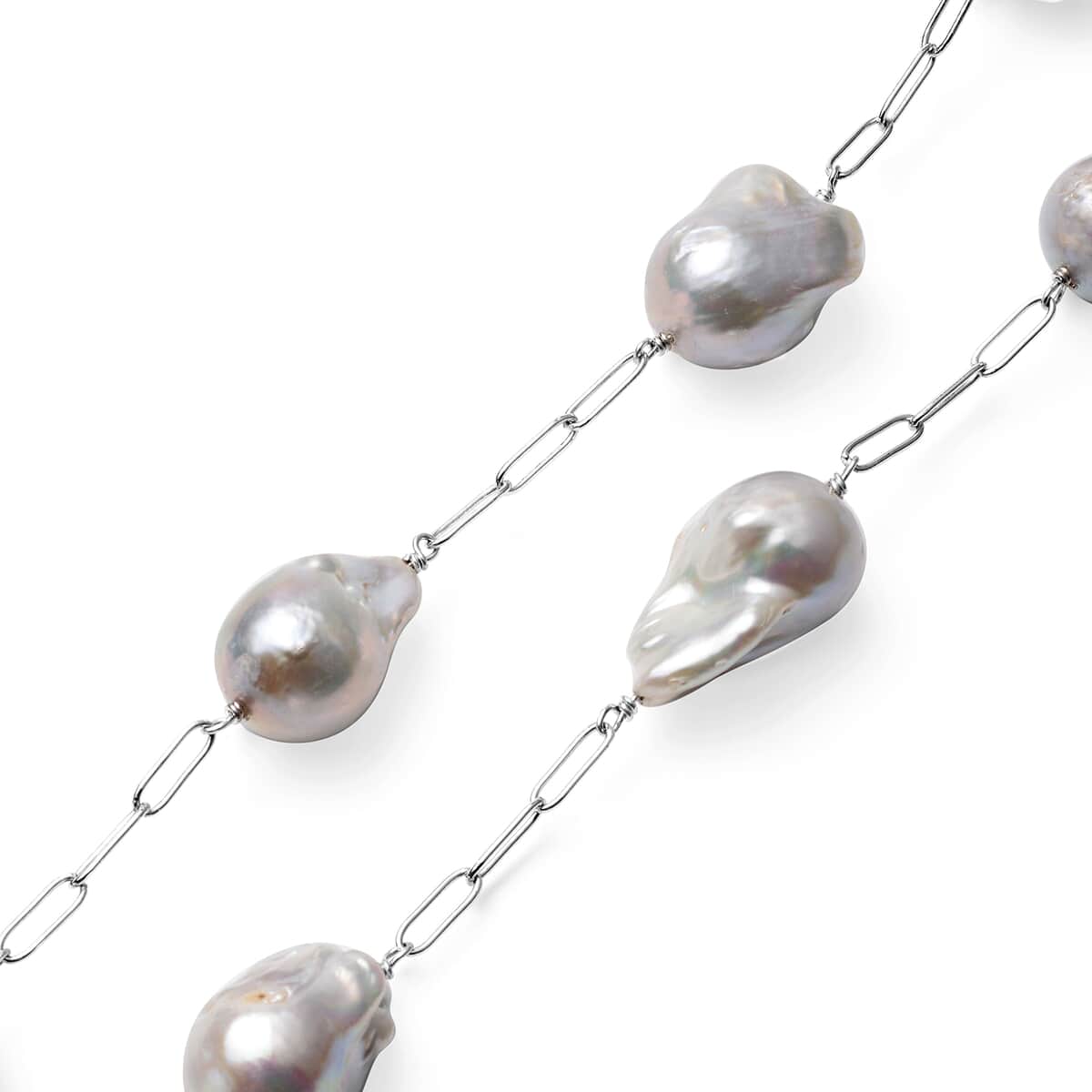 AAA Organic Shape Baroque Pearl Station Necklace 22 Inches in Rhodium Over Sterling Silver 8 Grams image number 3