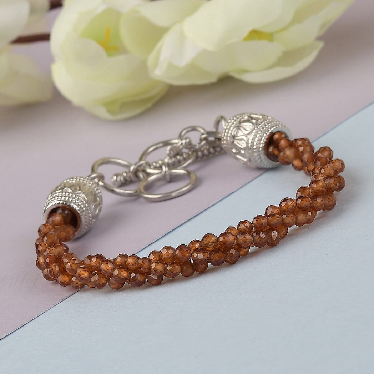 Karis Ratnapura Hessonite Garnet Beaded Toggle Clasp Bracelet in Platinum Bond (6.50-8.00 Inches) 38.00 ctw