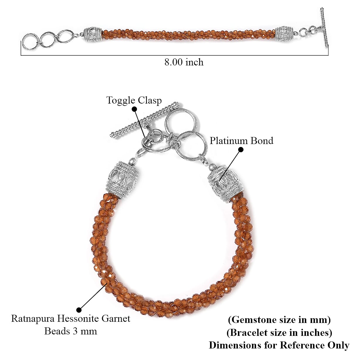 Karis Ratnapura Hessonite Garnet Beaded Toggle Clasp Bracelet in Platinum Bond (6.50-8.00 Inches) 38.00 ctw