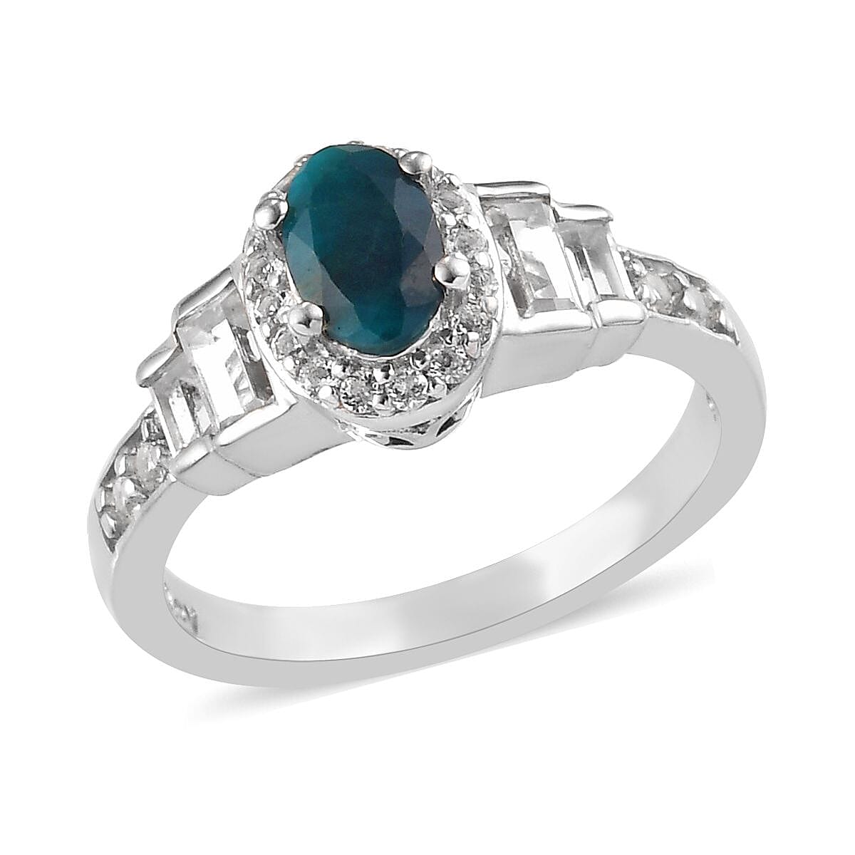 Teal Grandidierite and White Topaz Celebrity Ring in Platinum Over Sterling Silver (Size 6.0) 1.10 ctw