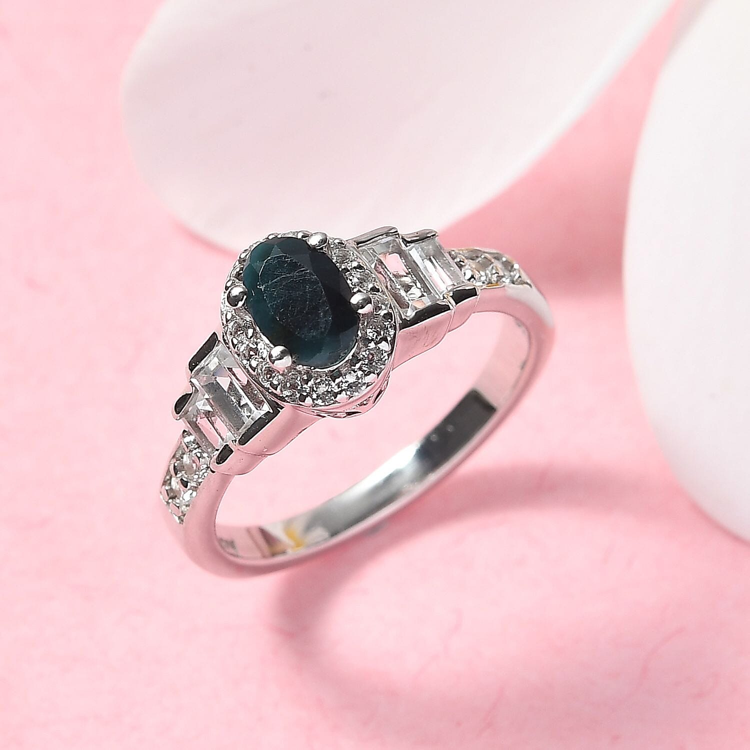 Teal Grandidierite and White Topaz Celebrity Ring in Platinum Over Sterling Silver (Size 6.0) 1.10 ctw