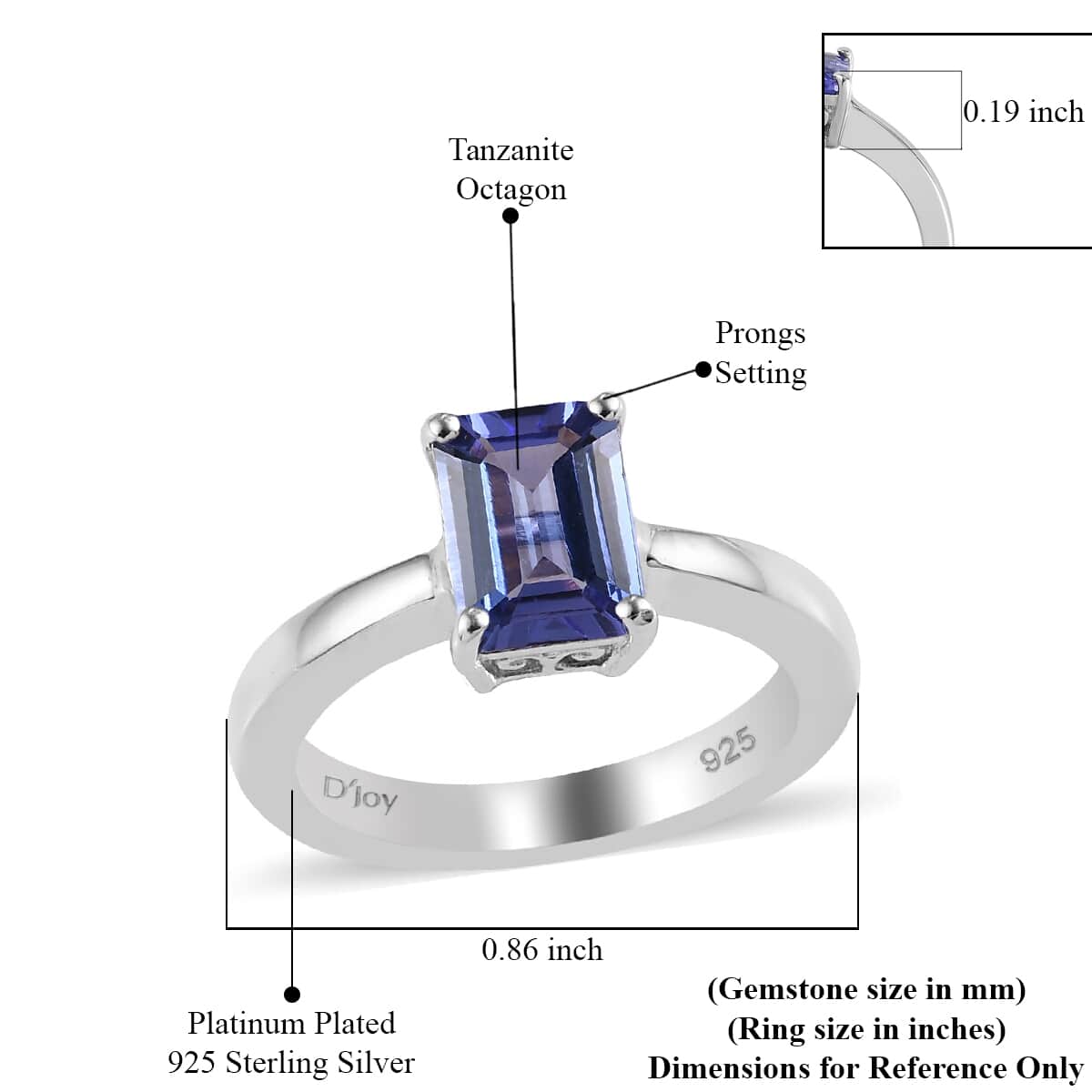 Tanzanite Octagon Shape Solitaire Ring in Platinum Over Sterling Silver (Size 7.0) 1.75 ctw image number 5