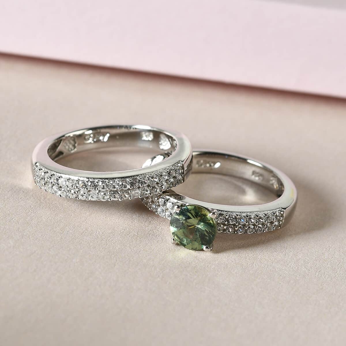 Demantoid Garnet and Natural White Zircon Set of 2 Ring in Platinum Over Sterling Silver 8.75 Grams 1.75 ctw image number 1