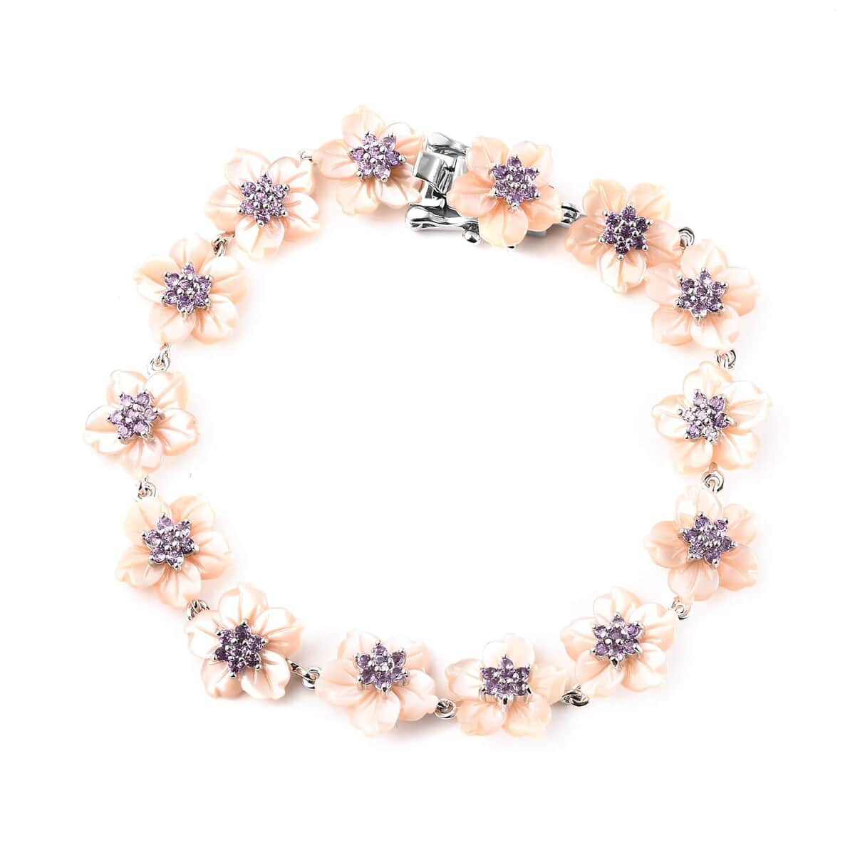 Jardin Collection Mother Of Pearl Carved and Amethyst Flower Bracelet in Rhodium Over Sterling Silver (7.25 In) 1.40 ctw image number 0