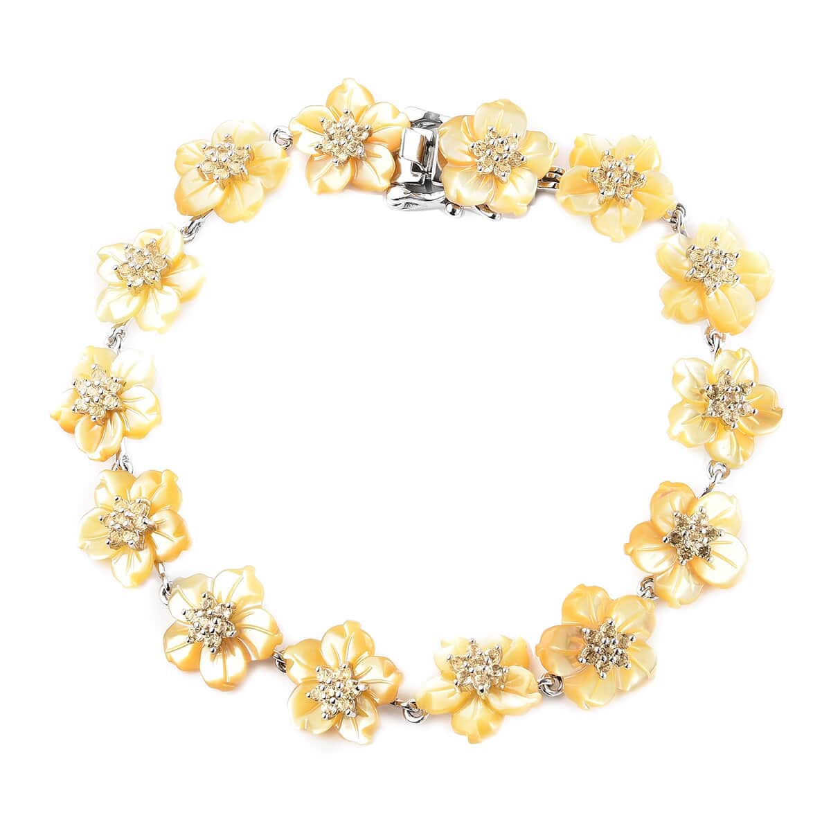 Jardin Collection Yellow Mother Of Pearl Carved Flower and Brazilian Citrine Bracelet in Rhodium Over Sterling Silver (7.25 In) 1.50 ctw image number 0