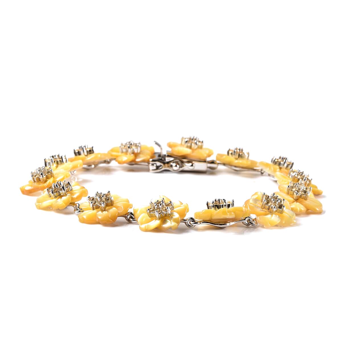 JARDIN COLLECTION Yellow Mother Of Pearl Carved Flower, Brazilian Citrine Bracelet in Rhodium Over Sterling Silver (7.25 In) (8.10 g) 1.50 ctw image number 2