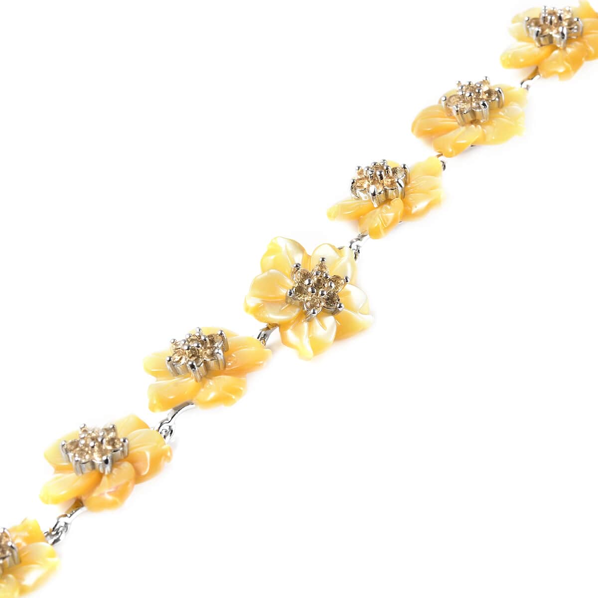 JARDIN COLLECTION Yellow Mother Of Pearl Carved Flower, Brazilian Citrine Bracelet in Rhodium Over Sterling Silver (7.25 In) (8.10 g) 1.50 ctw image number 3