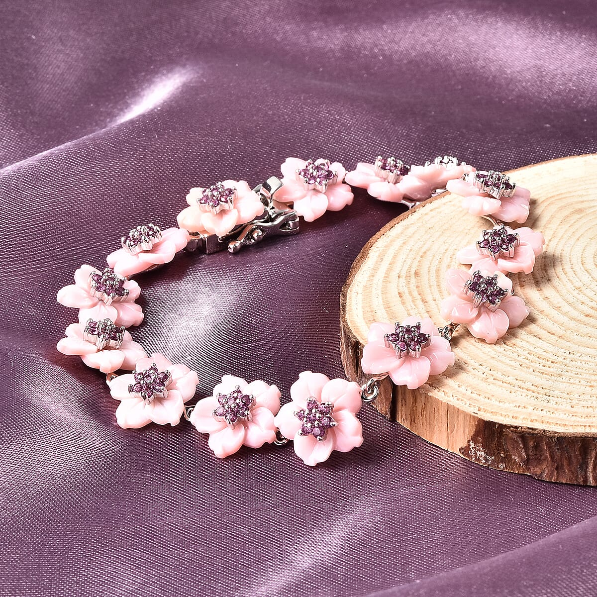Jardin Collection Pink Mother Of Pearl Carved Flower and Orissa Rhodolite Garnet Bracelet in Rhodium Over Sterling Silver (7.25 In) 2.40 ctw image number 1