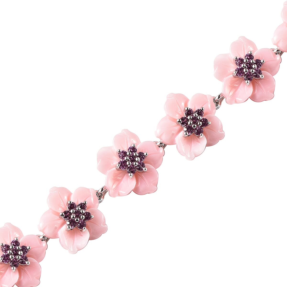 Jardin Collection Pink Mother Of Pearl Carved Flower and Orissa Rhodolite Garnet Bracelet in Rhodium Over Sterling Silver (7.25 In) 2.40 ctw image number 3