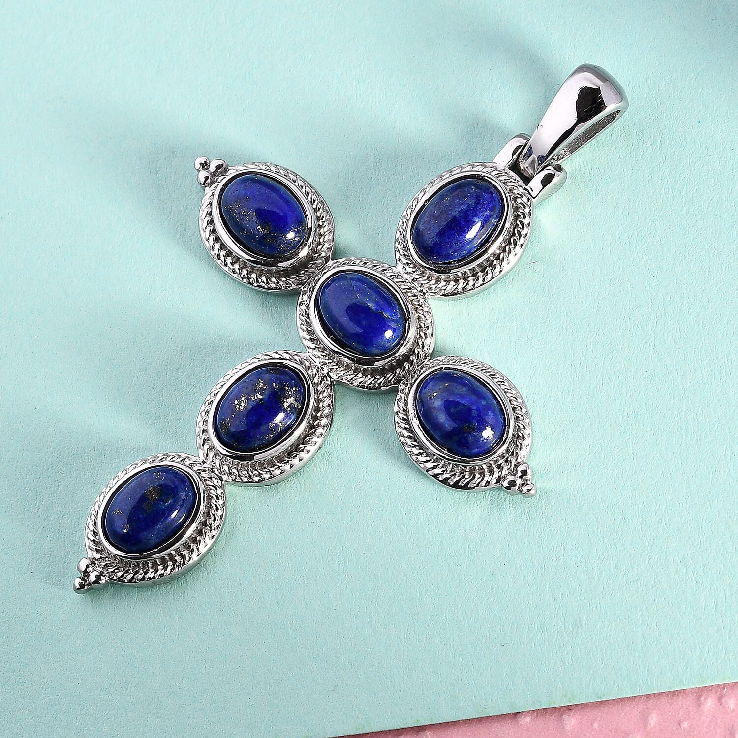 Lapis Lazuli Cross Pendant in Stainless Steel 6.50 ctw