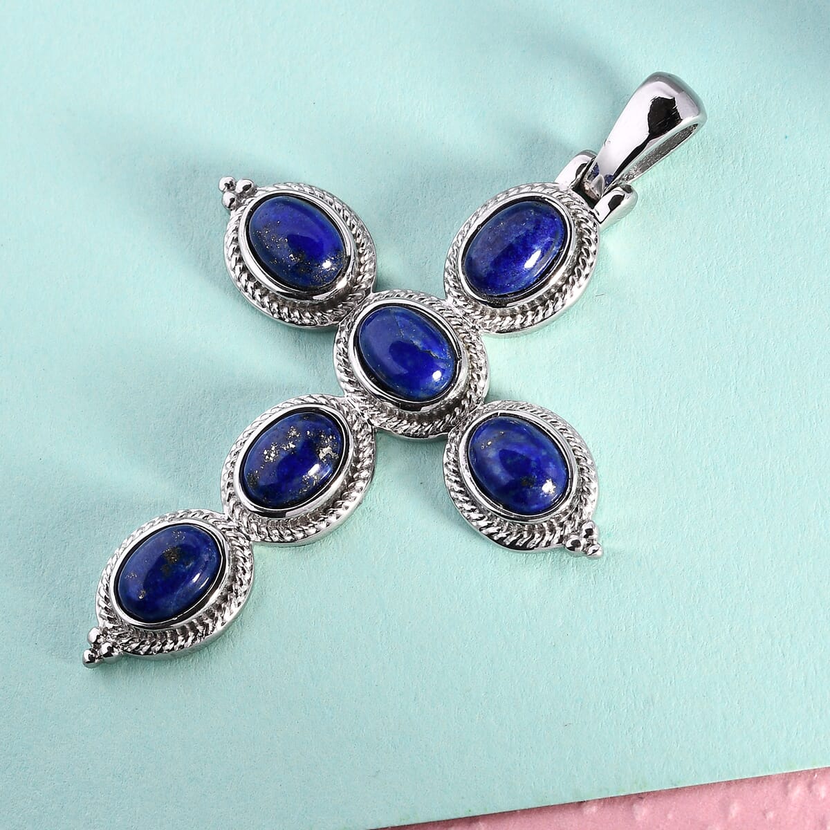 Lapis Lazuli Cross Pendant in Stainless Steel 6.50 ctw image number 1