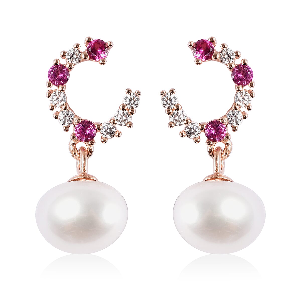 White Freshwater Cultured Pearl and Simulated Diamond Drop Hoop Earrings in 14K Rose Gold Over Sterling Silver